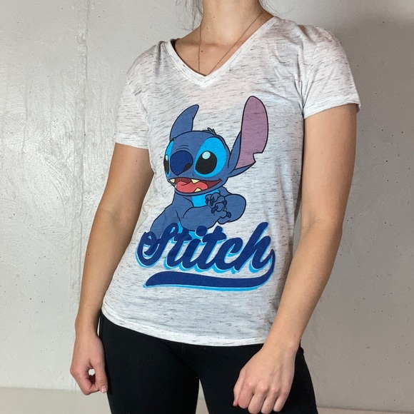 Heather Gray Lilo and Stitch Graphic V Neck Short Sleeve Tee Shirt - Picture 2 of 7